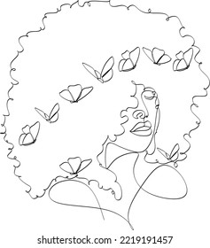 Abstract face of african girl with butterflies one line drawing vector illustration. Portrait in a minimalist style. Botanical print. Natural symbol of cosmetics. Modern continuous line art. Fashion p