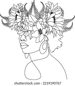 Abstract face of african girl with flowers one line drawing vector illustration. Portrait in a minimalist style. Botanical print. Natural symbol of cosmetics. Modern continuous line art. Fashion print