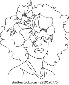 Abstract face of african girl with flowers one line drawing vector illustration. Portrait in a minimalist style. Botanical print. Natural symbol of cosmetics. Modern continuous line art. Fashion print