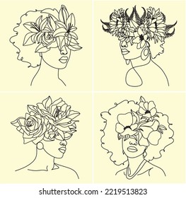 Abstract face of african girl with flowers one line drawing vector illustration. Portrait in a minimalist style. Botanical print. Natural symbol of cosmetics. Modern continuous line art. Fashion print