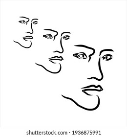 Abstract Face Art Drawing. Three Face Vector 