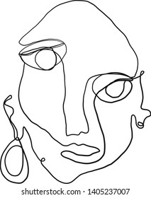 Abstract face art, Modern portrait one line continuous painting, simple vector design. Scandinavian single cubism style textures. Icon for print for clothes, card, poster, content social media. 