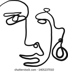Abstract face art, Modern portrait one line continuous painting, simple vector design. Scandinavian single cubism style textures. Icon for print for clothes, card, poster, content social media. 