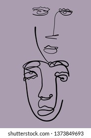 Abstract face art one line continuous drawing. Woman fashion portrait. Hand drawn vector doddle sketch. Minimal poster. Contemporary trendy design for placards, flyers, brochures, invitations. 
