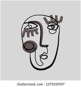Abstract face art one line continuous drawing. Woman fashion portrait. Monochrome doddle hand sketch. Minimal poster. Contemporary trendy design for placards, flyers, brochures, invitations. 