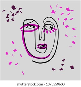 Abstract face art one line continuous drawing. Woman fashion portrait. Monochrome doddle hand sketch. Minimal poster. Contemporary trendy design for placards, flyers, brochures, invitations. 