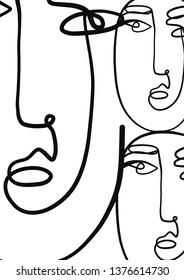 Abstract face art one line continuous drawing. Woman fashion portrait. Monochrome doddle hand sketch. Minimal poster. Contemporary trendy design for placards, flyers, brochures, invitations. 