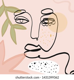 Abstract face art one line continuous drawing. Woman fashion portrait. Monochrome doddle hand sketch. Minimal poster. Contemporary trendy design for placards, flyers, brochures, invitations. 