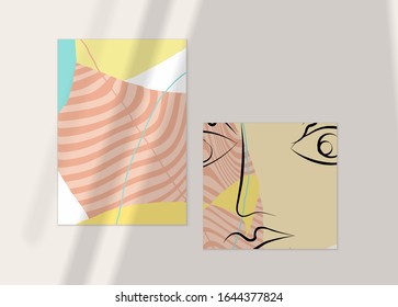Abstract face art one line continuous drawing. Woman fashion logo portrait. Free hand sketch. Minimal poster or print mock up with shadow overlay. Contemporary trendy card or flyer design template.