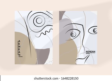 Abstract face art one line continuous drawing. Woman fashion logo portrait. Free hand sketch. Minimal poster or print mock up with shadow overlay. Contemporary trendy card or flyer design template.