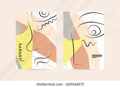 Dibujo continuo en una línea de arte facial abstracto. Retrato del logo de la moda femenina. Dibujo a mano libre. Afiche mínimo o impresión se burlan de la sombra superpuesta. Plantilla de diseño moderno de tarjetas o volantes.