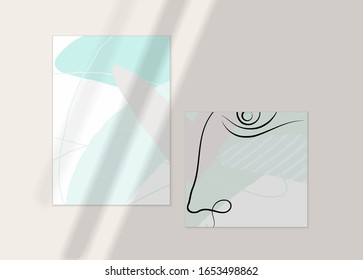 Dibujo continuo en una línea de arte facial abstracto. Retrato del logo de la moda femenina. Dibujo a mano libre. Afiche mínimo o impresión se burlan de la sombra superpuesta. Plantilla de diseño moderno de tarjetas o volantes.