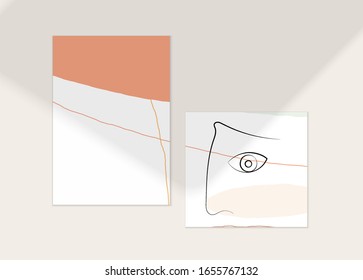 Abstract face art one line continuous drawing. Woman fashion logo portrait. Free hand sketch. Minimal poster or print mock up with shadow overlay. Contemporary trendy card or flyer design template.