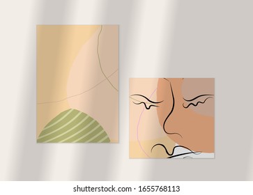 Abstract face art one line continuous drawing. Woman fashion logo portrait. Free hand sketch. Minimal poster or print mock up with shadow overlay. Contemporary trendy card or flyer design template.