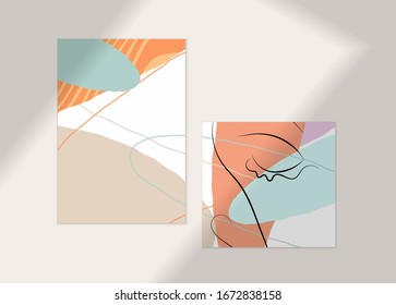 Abstrakte Gesichtskunst eine Linie kontinuierliches Zeichnen. Frauenmodelogo-Portrait. Kostenlose Handskizze. Minimales Poster oder Druckmuster mit Schattenüberlagerung. Zeitgenössische Design-Vorlage für die Karte oder den Flyer.