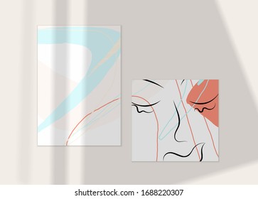Abstract face art one line continuous drawing. Woman fashion logo portrait. Free hand sketch. Minimal poster or print mock up with shadow overlay. Contemporary trendy card or flyer design template.
