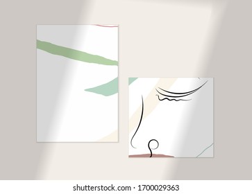 Abstract face art one line continuous drawing. Woman fashion logo portrait. Free hand sketch. Minimal poster or print mock up with shadow overlay. Contemporary trendy card or flyer design template.