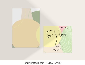 Abstract face art one line continuous drawing. Woman fashion logo portrait. Free hand sketch. Minimal poster or print mock up with shadow overlay. Contemporary trendy card or flyer design template.