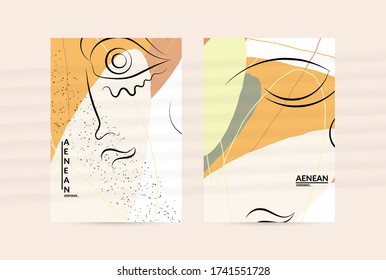 Abstrakte Gesichtskunst eine Linie Dauerzeichnung. Frauenmode Logo-Portrait. Freie Skizze. Minimales Poster oder Druck mit Schattenüberlagerung. Moderne trendige Karten- oder Flyer-Designvorlage.