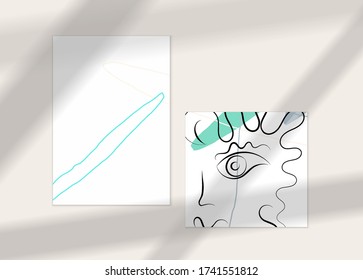Abstract face art one line continuous drawing. Woman fashion logo portrait. Free hand sketch. Minimal poster or print mock up with shadow overlay. Contemporary trendy card or flyer design template.