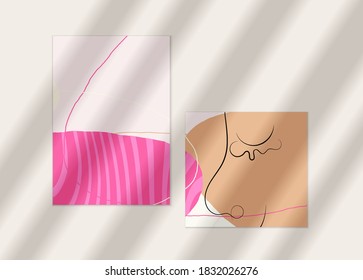 Abstract face art one line continuous drawing. Woman fashion logo portrait. Free hand sketch. Minimal poster or print mock up with shadow overlay. Contemporary trendy card or flyer design template.
