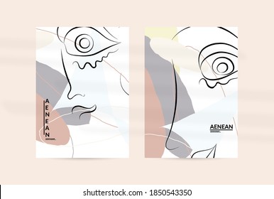 Abstract face art one line continuous drawing. Woman fashion logo portrait. Free hand sketch. Minimal poster or print mock up with shadow overlay. Contemporary trendy card or flyer design template.