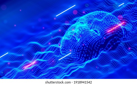 Abstract face of artificial intelligence consists glows dots or particles. Technology background. Robot head mind in cyberspace. AI or neural network analyzes the data flow. 3d glowing wavy surface