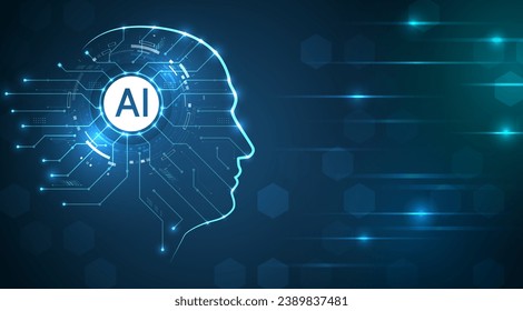 El rostro abstracto de la inteligencia artificial. Cerebro digital, software vector código digital. Interpretación de red. Silueta de cabezal con partículas en un fondo azul oscuro, análisis de datos, ciencia de datos