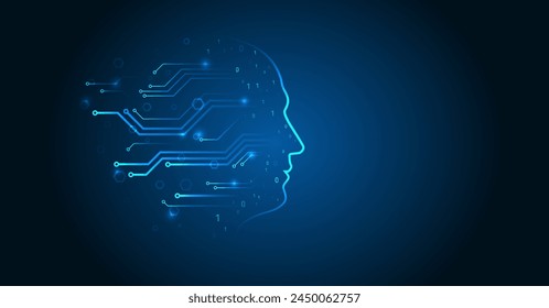 The abstract face of artificial intelligence. Digital brain, vector software digital code. Network interpretation. Head silhouette with particles on a dark blue background, data analysis, data science