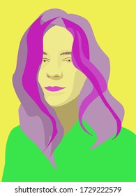 abstract face of an Asian girl with pink hair and purple strands of hair yellow skin on a yellow background in a green blouse