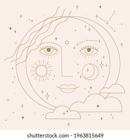 Abstract face astrology poster. Line style illustration with sun, moon and stars.