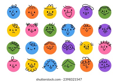 Abstract face avatar. Cartoon face emotions, doodle comic expressions. Hand drawn funny round character. Happy, sad, smile emoji stickers. Vector set. Colorful circles with feelings