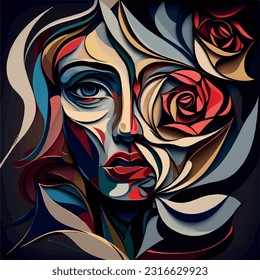 abstract face of a beautiful woman fused with a rose in the style of picasso