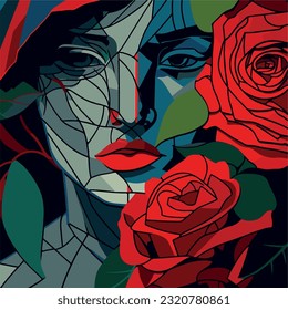 abstract face of a beautiful woman fused with a rose in the style of picasso svg
