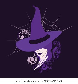 Abstract face and big witch hat with floral, Halloween themed illustration.