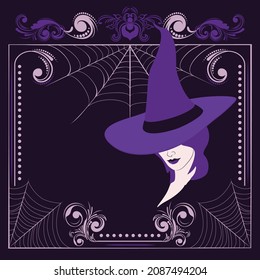 Abstract face and big witch hat with floral, Halloween themed illustration.