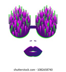Abstract Face, Bright Big Glasses in Glitch Style, Glamorous Woman. Fashion Logo. Vector Illustration.