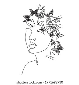 Abstract face with butterfly by one line drawing. Buttrfly Line Art. Portrait minimalistic style.  Botanical print. Nature symbol of cosmetics. 
Fashion print. Beaty salon art