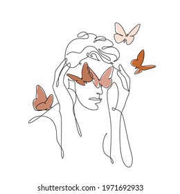 Abstract face with butterfly by one line drawing. Buttrfly Line Art. Portrait minimalistic style.  Botanical print. Nature symbol of cosmetics. 
Fashion print. Beaty salon art
