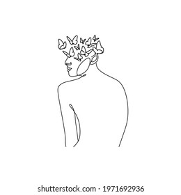 Abstract face with butterfly by one line drawing. Buttrfly Line Art. Portrait minimalistic style.  Botanical print. Nature symbol of cosmetics. 
Fashion print. Beaty salon art
