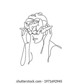 Abstract face with butterfly by one line drawing. Buttrfly Line Art. Portrait minimalistic style.  Botanical print. Nature symbol of cosmetics. 
Fashion print. Beaty salon art