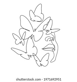 Abstract face with butterfly by one line drawing. Buttrfly Line Art. Portrait minimalistic style.  Botanical print. Nature symbol of cosmetics. 
Fashion print. Beaty salon art