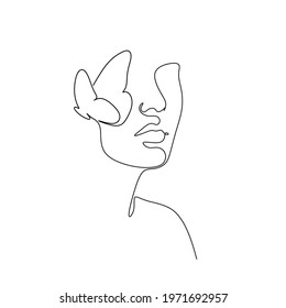 Abstract face with butterfly by one line drawing. Buttrfly Line Art. Portrait minimalistic style.  Botanical print. Nature symbol of cosmetics. 
Fashion print. Beaty salon art
