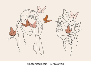 Abstract face with butterfly by one line drawing. Buttrfly Line Art. Portrait minimalistic style.  Botanical print. Nature symbol of cosmetics. 
Fashion print. Beaty salon art