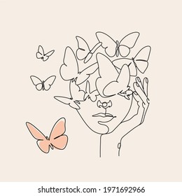 Abstract face with butterfly by one line drawing. Buttrfly Line Art. Portrait minimalistic style.  Botanical print. Nature symbol of cosmetics. 
Fashion print. Beaty salon art