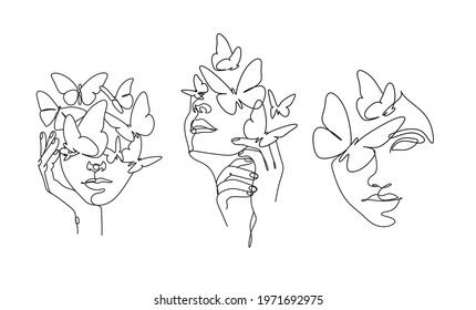 Abstract face with butterfly by one line drawing. Buttrfly Line Art. Portrait minimalistic style.  Botanical print. Nature symbol of cosmetics. 
Fashion print. Beaty salon art
