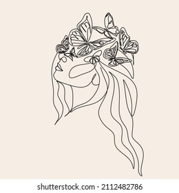 Abstract face with butterfly by one line drawing. Buttrfly Line Art. Portrait minimalistic style.  Botanical print. Nature symbol of cosmetics. 
Fashion print. Beaty salon art