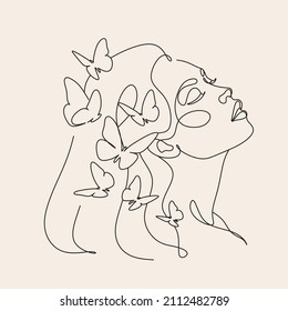 Abstract face with butterfly by one line drawing. Buttrfly Line Art. Portrait minimalistic style.  Botanical print. Nature symbol of cosmetics. 
Fashion print. Beaty salon art