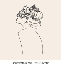Resumen de la cara con mariposa en un dibujo de una línea. Arte de línea de mariposa. Estilo minimalista de retrato.  Huella botánica. Símbolo natural de los cosméticos. 
Impresión de moda. Arte de salón de belleza