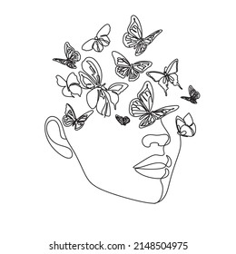 Resumen de la cara con mariposa en un dibujo de una línea. Retrato de estilo minimalista. Huella botánica. Símbolo natural de los cosméticos. Moderna línea de arte. Impresión de moda. Arte de salón de belleza